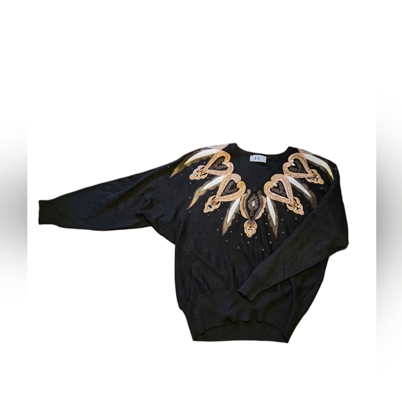 Vintage 80s Wool Blend Black V Neck Sweater Western GrannyCore Bling Embroidered - Picture 1 of 9